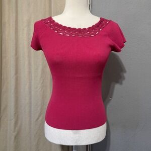 Uniform John Paul Richard Pink Ribbed Knit Crochet Trim Top Small Cottagecore